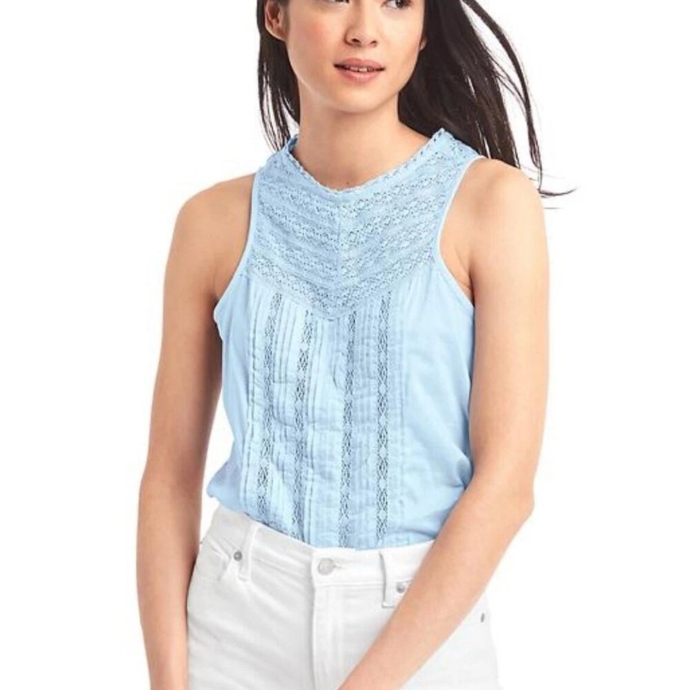 GAP Women's Cerulean Blue 100% Cotton Lace Pin Tuck Tank Blouse Top Size XS